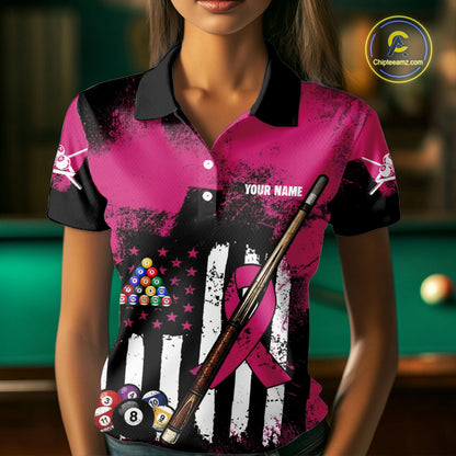 Pink Ribbon Grunge US Flag Patriotic Women Billiard Shirts Custom Breast Cancer Billiard Jerseys  NYN2943