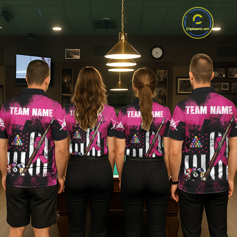 Pink Ribbon Grunge US Flag Patriotic Men Billiard Shirts Custom Breast Cancer Billiard Jerseys  NYN2943