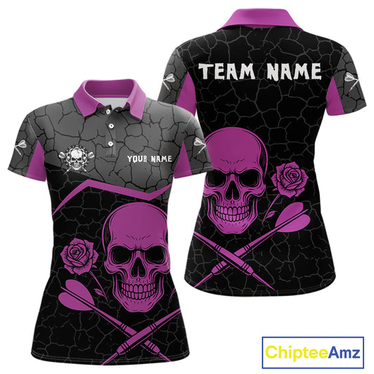 Purple Roses Skull & Black Cracked Pattern Darts Shirt For Women - Custom Team Name NYN0375