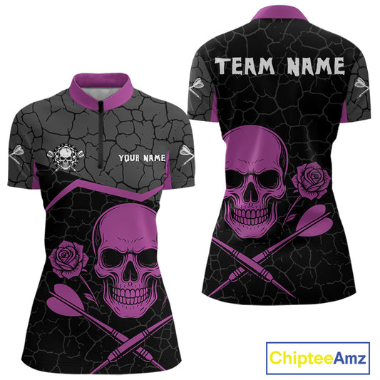 Purple Roses Skull & Black Cracked Pattern Darts Shirt For Women - Custom Team Name NYN0375