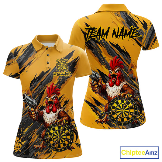 Black and yellow grunge rooster gun dart polo shirt custom dart clothing for women
