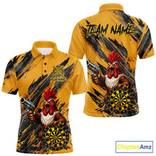 Load image into Gallery viewer, Black and yellow grunge rooster gun dart polo shirt custom dart clothing