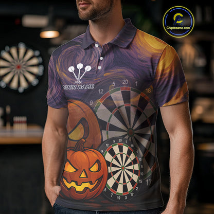 Pumpkin Dartboard 3D Custom Halloween Funny Darts Polo Jerseys For Men, Darts Shirt NYN0831