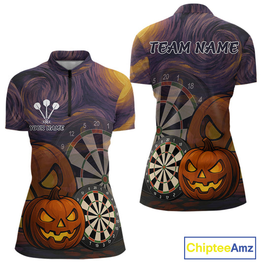 Pumpkin Dartboard 3D Custom Halloween Funny Darts 1/4-Zip Jerseys For Women, Darts Shirt NYN0831