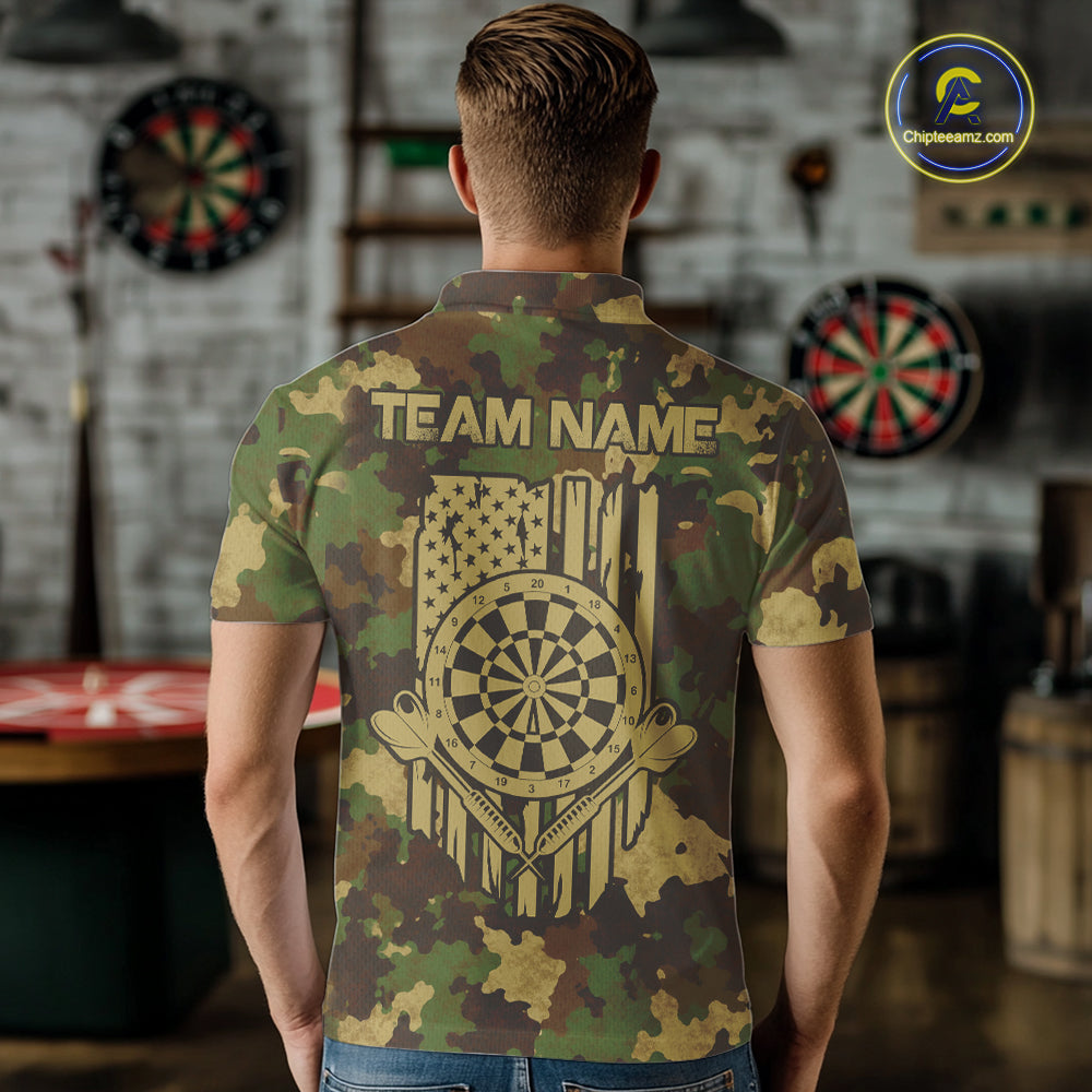 Male model wearing Green Beige Camo dart polo during league event, military-inspired dart jersey
