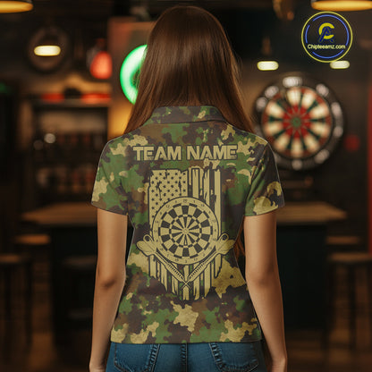 Female model wearing Green Beige Camo dart polo, patriotic tactical sports apparel, confidence, outdoor lifestyle