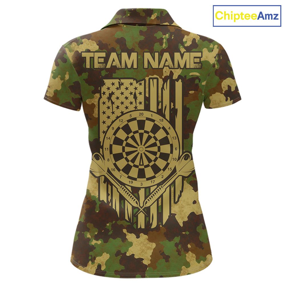 Green Beige Camo Women's Dart Polo Shirt, Personalized Patriot Dartboard Team Jersey, US Flag Camouflage Performance Polo, Tactical Sportswear