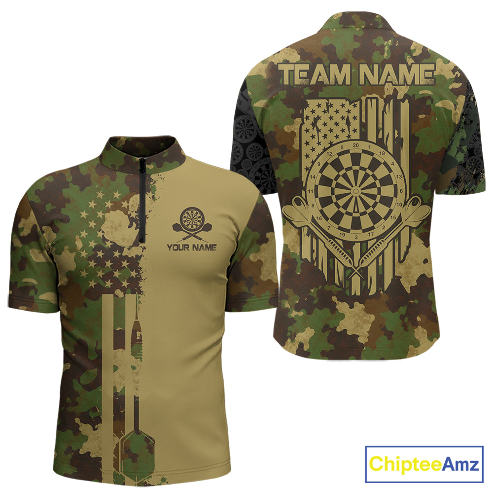 Green Beige Camo Men's Quarter-Zip Dart Shirt, Personalized Tactical Dart Team Jersey