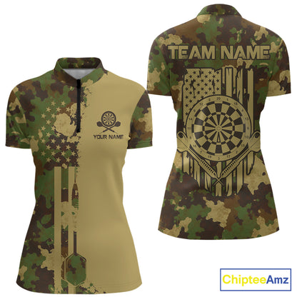 Green Beige Camo Women's Dart Quarter-Zip Shirt, Personalized US Flag Dart Tournament Jersey