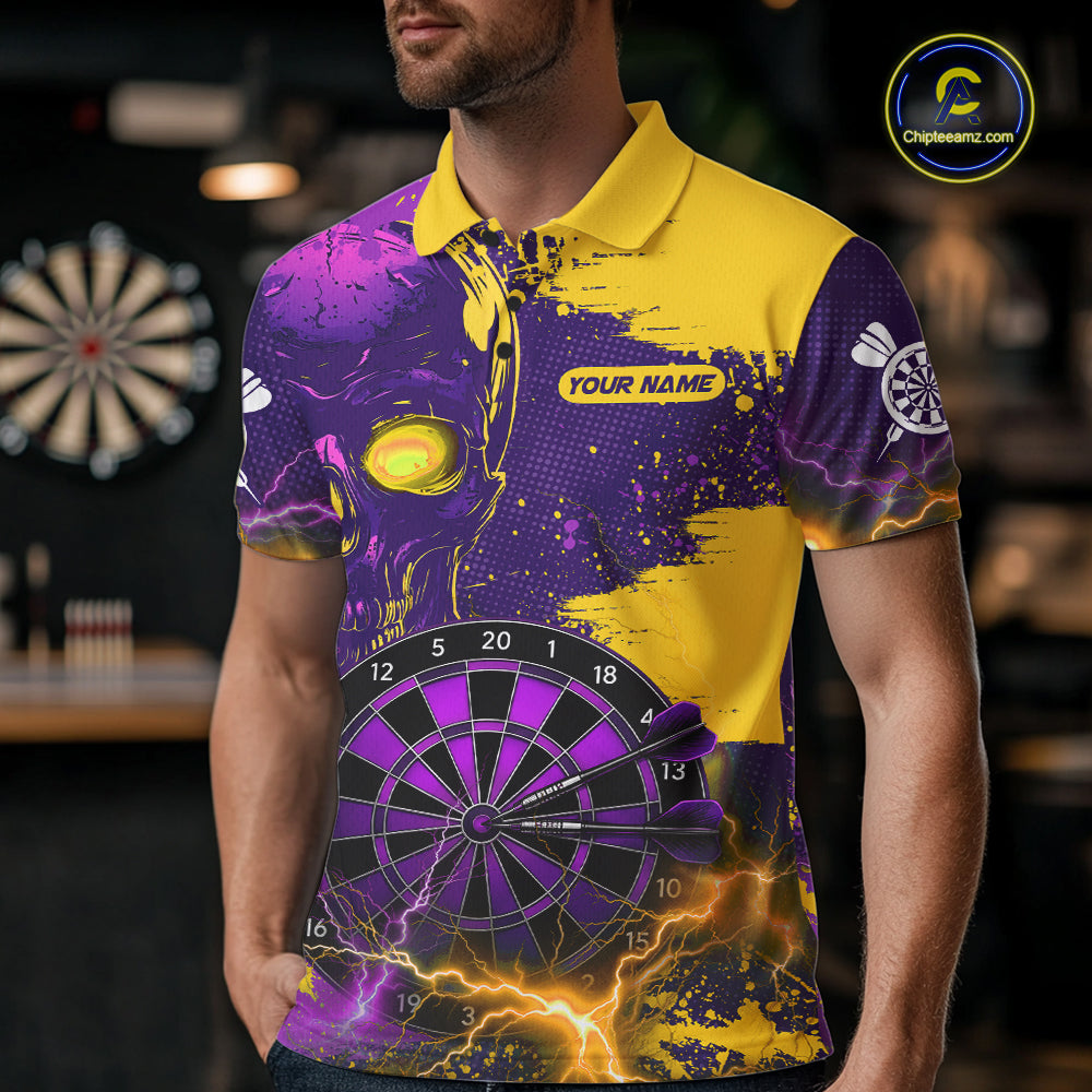 Male model wearing Skull Thunder dart polo during league competition, skull sports jersey, alternative athletic style
