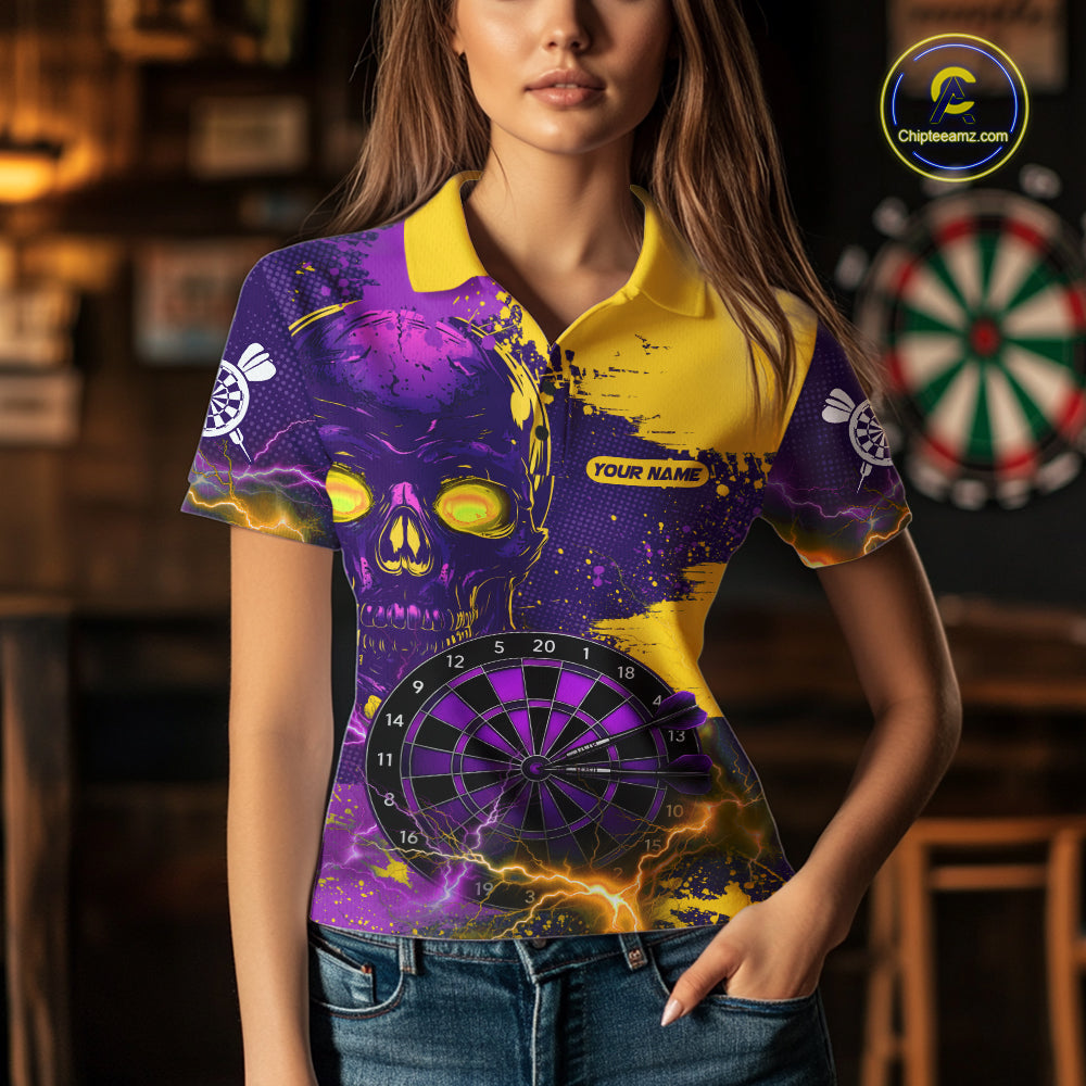Female model wearing Skull Thunder dart polo, gothic dart fashion, personalized tournament apparel, confidence