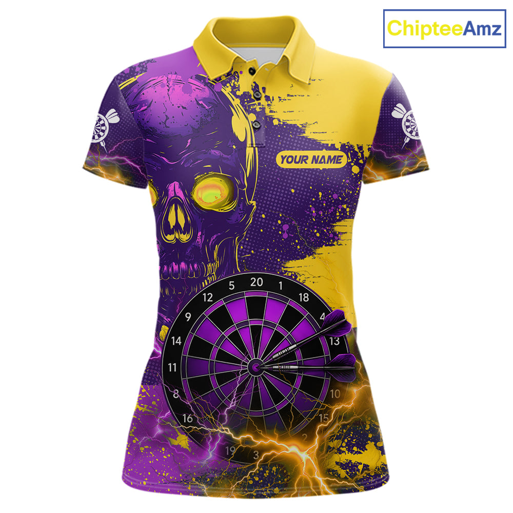 Skull Thunder Women's Dart Polo Shirt, Purple Yellow Splatter Dart Team Jersey, Personalized Skull Performance Polo, Gothic Thunder Sportswear