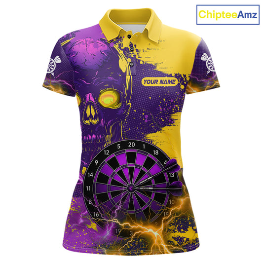 Skull Thunder Women's Dart Polo Shirt, Purple Yellow Splatter Dart Team Jersey, Personalized Skull Performance Polo, Gothic Thunder Sportswear