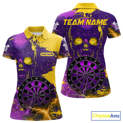 Skull Thunder Women's Dart Polo Shirt, Purple Yellow Splatter Dart Team Jersey, Personalized Skull Performance Polo, Gothic Thunder Sportswear
