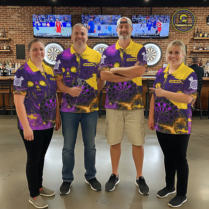 Dart team wearing matching Skull Thunder jerseys, personalized gothic uniforms, teamwork, Halloween, gaming, bowling, billiards crossover