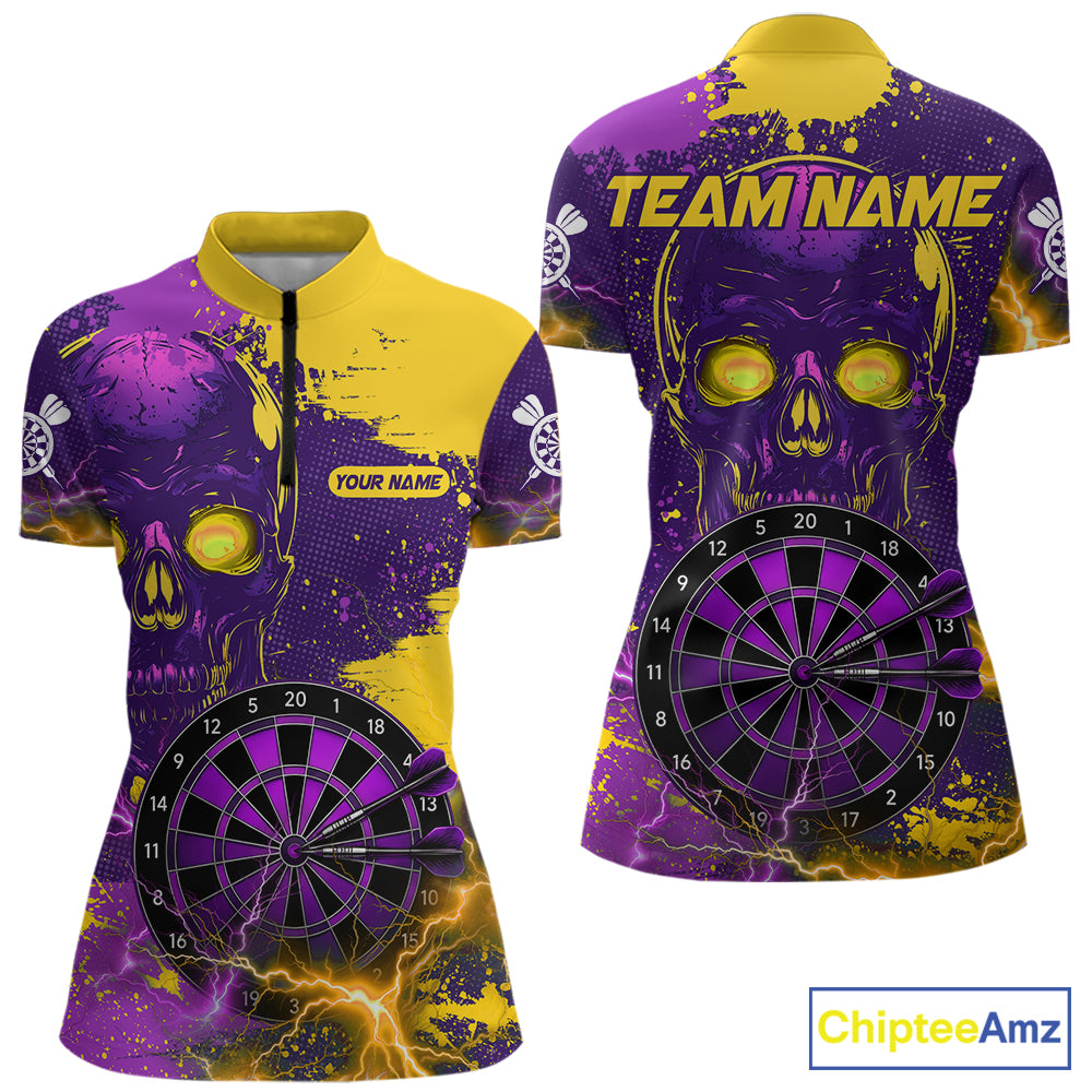Skull Thunder Women's Dart Quarter-Zip Shirt, Personalized Purple Yellow Tournament Jersey, Gothic Performance Sportswear