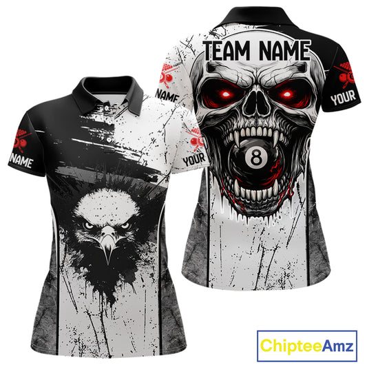 Red Grunge Skull 8 Ball Billiard Shirts For Women Custom Name Pool Billiard Team Jerseys NYN2288