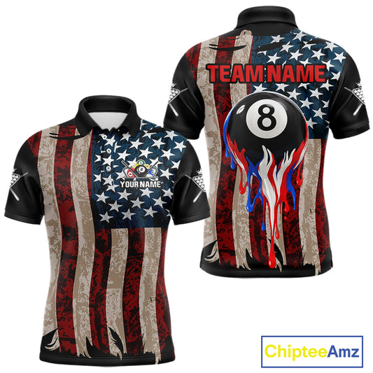 Grunge Dripping Pool 8 Ball Men Billiard Shirts Custom US Flag Patriotic Billiard Jerseys NYN2293