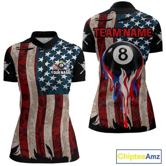 Grunge Dripping Pool 8 Ball Women Billiard Shirts Custom US Flag Patriotic Billiard Jerseys NYN2293