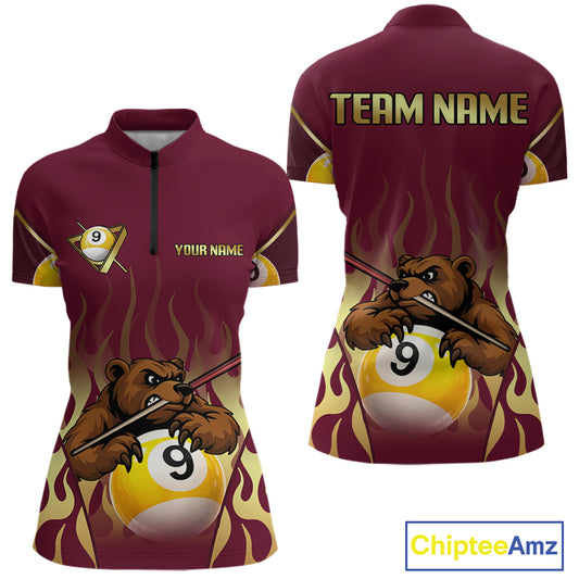 Bear & Pool 9 Ball Funny Billiard Shirts For Women Custom Name Billiard Team Jerseys NYN2296