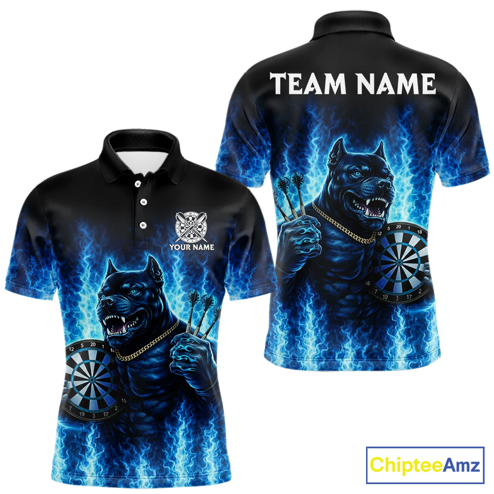 Personalized Blue Flames Bulldog Dartboard Men Darts Polo Shirt Custom Funny Darts Jerseys NYN2581