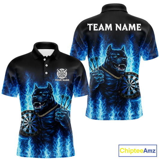 Personalized Blue Flames Bulldog Dartboard Men Darts Polo Shirt Custom Funny Darts Jerseys NYN2581