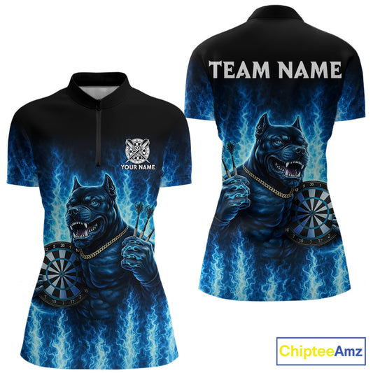 Personalized Blue Flames Bulldog Dartboard Women Darts 1/4-Zip Shirt Custom Funny Darts Jerseys NYN2581