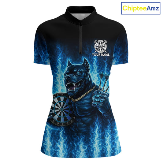 Personalized Blue Flames Bulldog Dartboard Women Darts 1/4-Zip Shirt Custom Funny Darts Jerseys NYN2581