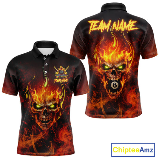 Orange Flaming Horror Skull 8 Ball Pool Men Billiard Polo & 1/4-Zip Shirt Custom Billiard Team Attire NYN2731