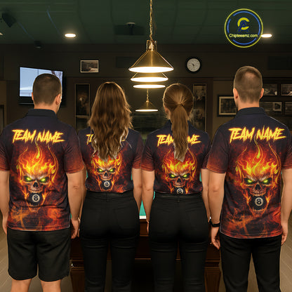 Orange Flaming Horror Skull 8 Ball Pool Men Billiard Polo & 1/4-Zip Shirt Custom Billiard Team Attire NYN2731