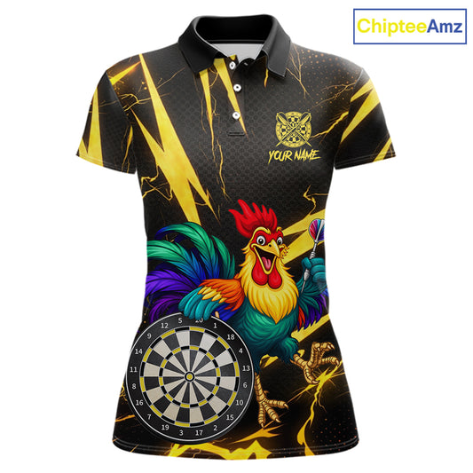 Funny Colorful Rooster Plays Darts Polo & Quarter Zip Shirt Custom Thunder Yellow Women Darts Jersey NYN2949
