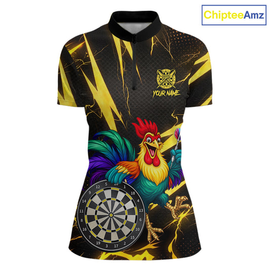 Funny Colorful Rooster Plays Darts Polo & Quarter Zip Shirt Custom Thunder Yellow Women Darts Jersey NYN2949