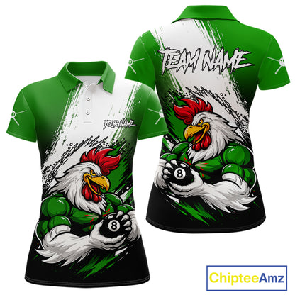 Personalized Funny Rooster 8 Ball Billiard Pool Shirt Custom Green Grunge Billiard Attire For Women NYN2952