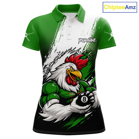 Personalized Funny Rooster 8 Ball Billiard Pool Shirt Custom Green Grunge Billiard Attire For Women NYN2952