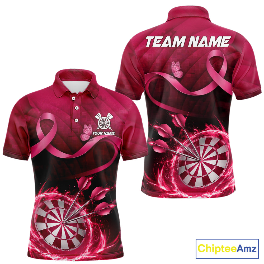 Pink Ribbon Thunder Lightning Men Dart Polo & Quarter Zip Shirt Custom Breast Cancer Darts Jersey NYN2947