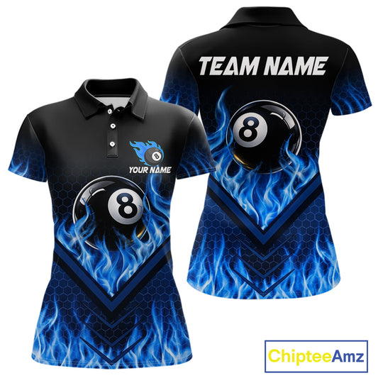 Blue Flaming Hexagon 8 Ball Billiard Pool Shirt For Women Custom Billiard Polo & 1/4 Zip Team Attire NYN3161