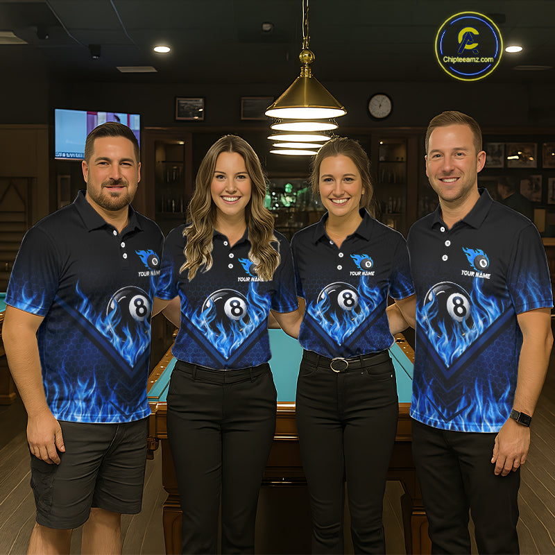 Blue Flaming Hexagon 8 Ball Billiard Pool Shirt For Men Custom Billiard Polo & 1/4 Zip Team Attire NYN3161