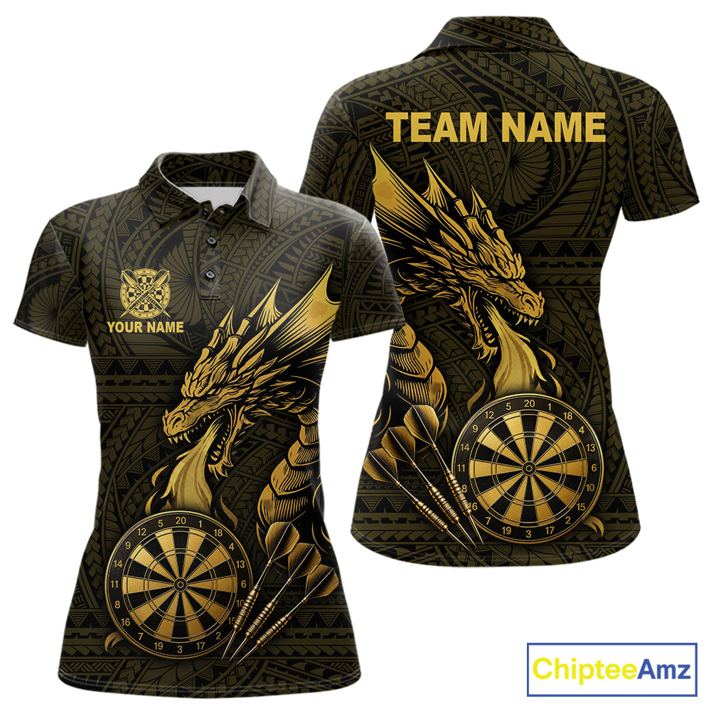 Gold tribal dragon darts polo shirt for women custom dart team jersey
