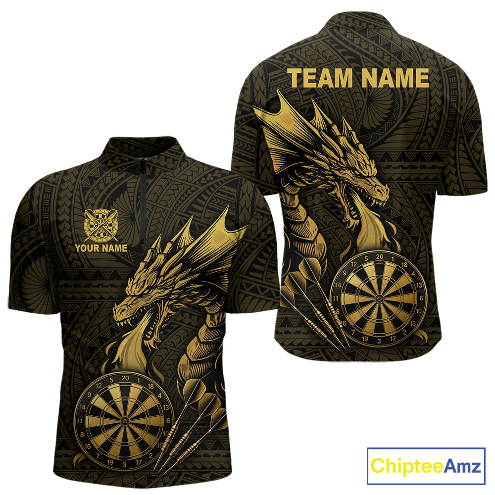 Gold tribal dragon darts 1/4-zip shirt for men custom dart team jersey