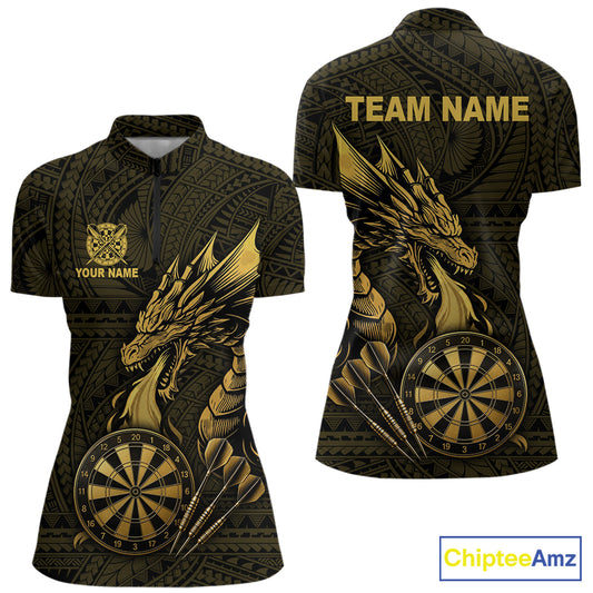 Gold tribal dragon darts 1/4-zip shirt for women custom dart team jersey