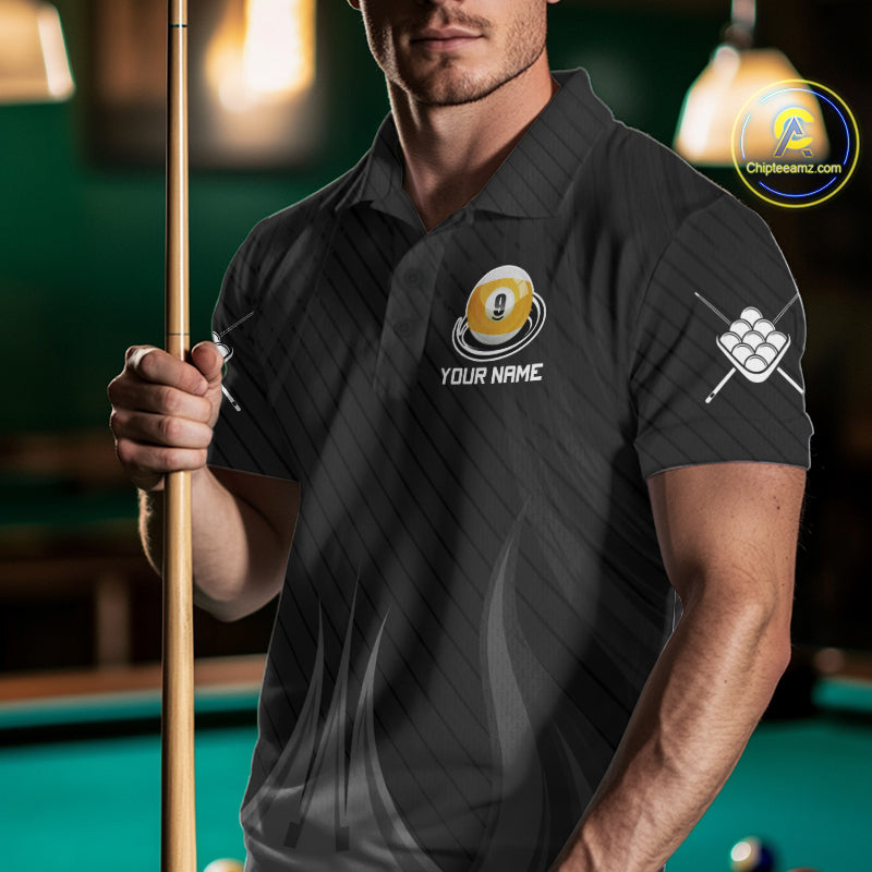 Male Pool Player Wearing Personalized 9 Ball Billiard Shirt, Custom Pool Team Uniform, Competitive Billiards Apparel