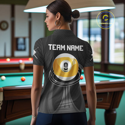 Female billiard player wearing personalized Black 9 Ball pool shirt