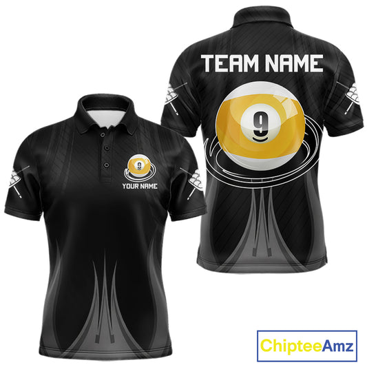 Personalized 9 Ball Billiard Polo Shirt For Men, Black Pool Team Jersey, Custom Pool League Shirt, Professional Billiards Apparel, Tournament Uniform