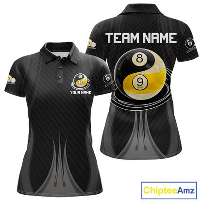 Personalized Black 8 Ball and 9 Ball women's billiard polo shirt custom pool team jersey