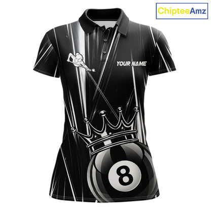 Black White Crown 8 Ball Women's Billiard Polo Shirt Custom Lightning Pool Team Jersey