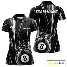 Load image into Gallery viewer, Black White Crown 8 Ball Women's Billiard Polo Shirt Custom Lightning Pool Team Jersey