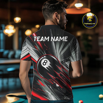 Male Pool Player Wearing Thunder Red 8 Ball Billiard Shirt, Competitive Pool League Apparel