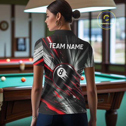 Female billiard player wearing Thunder Red 8 Ball Strike custom billiard shirt