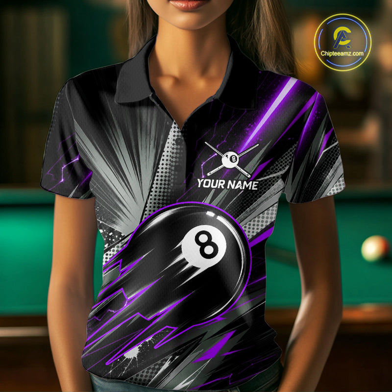 Female billiard player wearing Thunder Purple 8 Ball Strike custom billiard jersey