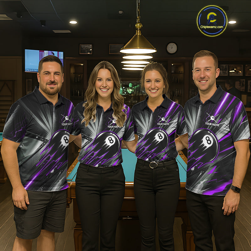 Men women billiard team wearing Thunder Purple 8 Ball Strike billiard team uniforms